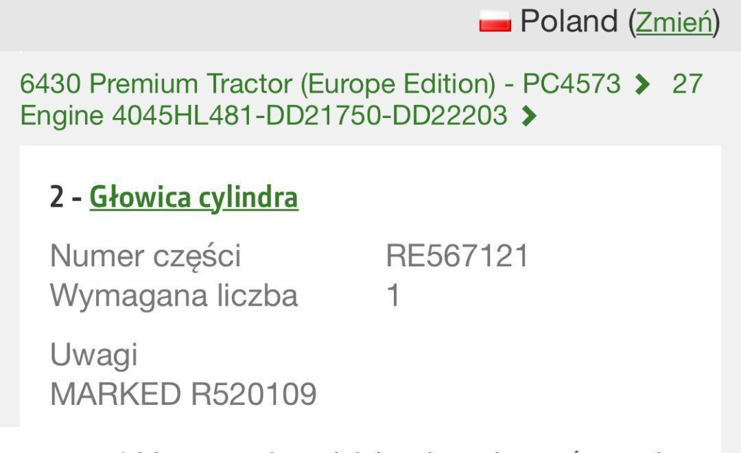 اسطوانة رئيس - الآلات والماكينات الزراعية John Deere RE523430 - Głowica cylindrów: صور 1
