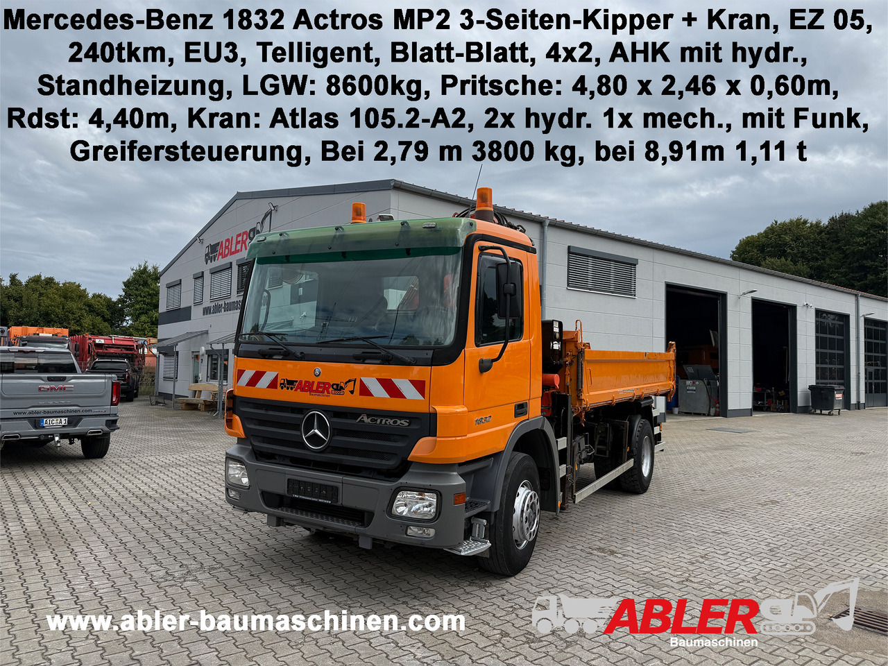 Mercedes-Benz 1832 Actros MP2 3-Seiten-Kipper mit Kran + Funk - قلابات, شاحنة كرين: صور 1 Mercedes-Benz 1832 Actros MP2 3-Seiten-Kipper mit Kran + Funk - قلابات, شاحنة كرين: صور 1