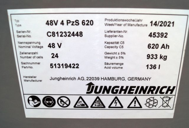Jungheinrich unknown | Battery 48V620Ah 48 4PZS620 year 4/2021 933 kg dimension Battery 48V620Ah 48 4PZS620 year 4/2021 933 kg dimensions 83,5x52,5x78,5cm sn. C8122448 - البطارية - معدات المناولة: صور 3 Jungheinrich unknown | Battery 48V620Ah 48 4PZS620 year 4/2021 933 kg dimension Battery 48V620Ah 48 4PZS620 year 4/2021 933 kg dimensions 83,5x52,5x78,5cm sn. C8122448 - البطارية - معدات المناولة: صور 3