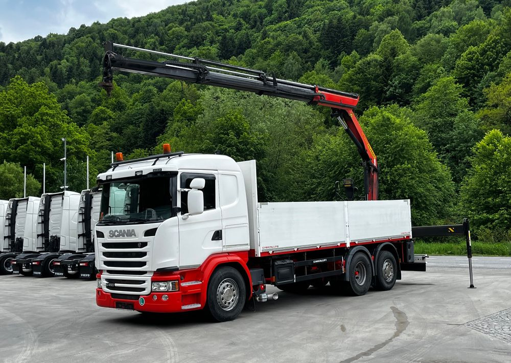 Scania G450 // 6x2// Skrzynia 6.40x2.49 // HDS Palfinger // Oś skrętna podnoszona // - شاحنات مسطحة, شاحنة كرين: صور 1 Scania G450 // 6x2// Skrzynia 6.40x2.49 // HDS Palfinger // Oś skrętna podnoszona // - شاحنات مسطحة, شاحنة كرين: صور 1