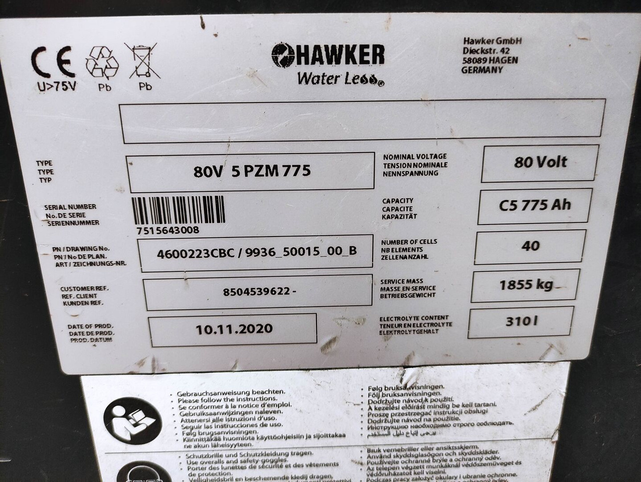 Hawker 80V 5 PZM 775 - البطارية - معدات المناولة: صور 2 Hawker 80V 5 PZM 775 - البطارية - معدات المناولة: صور 2