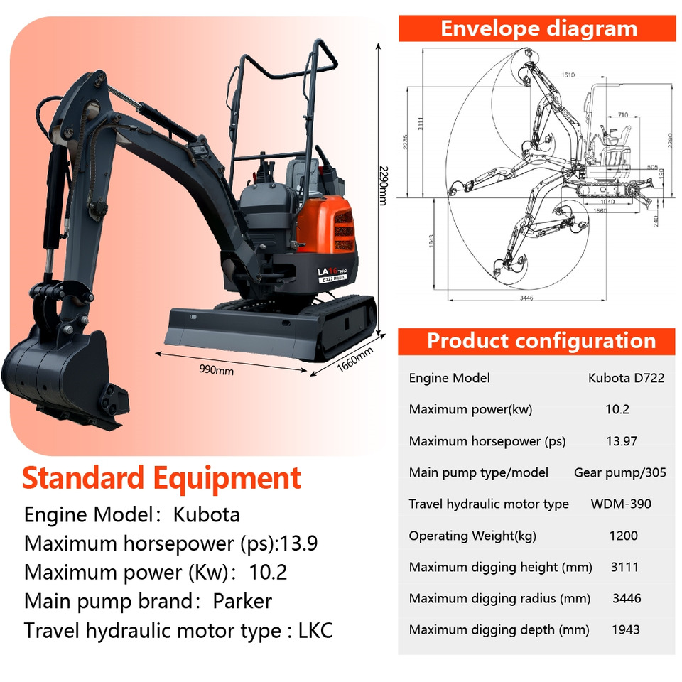 LEZUM LA16Pro Mini Excavator Digger Miniexcavadora EPA Kubota Engine Mini Excavator For Sale With Mini Excavator Attachment Set - حفارة مصغرة: صور 2 LEZUM LA16Pro Mini Excavator Digger Miniexcavadora EPA Kubota Engine Mini Excavator For Sale With Mini Excavator Attachment Set - حفارة مصغرة: صور 2