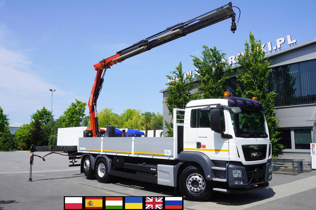 MAN TGS 26.360 Flatbed / Fassi F175 7.7 T / steered 3rd axle - شاحنات مسطحة, شاحنة كرين: صور 1 MAN TGS 26.360 Flatbed / Fassi F175 7.7 T / steered 3rd axle - شاحنات مسطحة, شاحنة كرين: صور 1