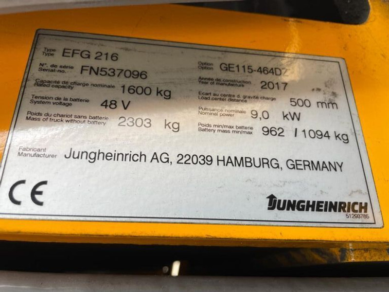 رافعة شوكية كهربائية Jungheinrich EFG 216 Elektra 1.6 ton Triplex Freelift Sideshift Elektra Heftruck: صور 10