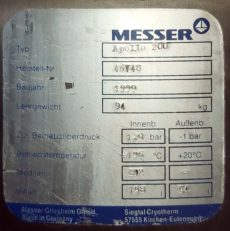 Messer Dewar vessel for liquid nitrogen cryogenic Cryotherm Apollo 200 liters - خزان تخزين: صور 3 Messer Dewar vessel for liquid nitrogen cryogenic Cryotherm Apollo 200 liters - خزان تخزين: صور 3